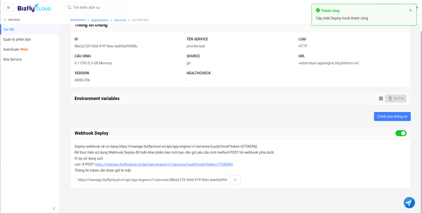 Tính Năng Webhook Deploy | Bizfly Cloud Documentation